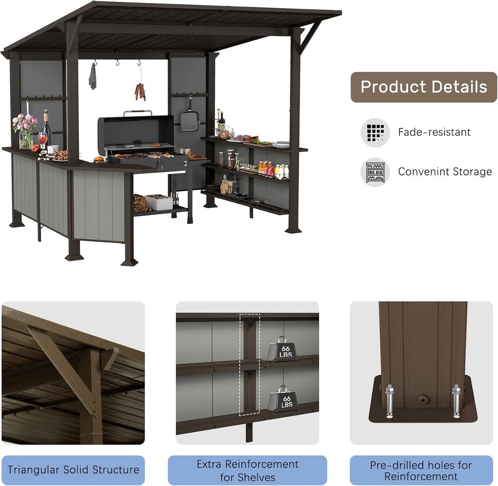 Domi 9x10FT Grill Gazebo Hardtop, BBQ Gazebo for Outdoor Grill with Storage Shelves and Expansion Platform, Metal Permanent Lean-to Canopy for Patio Backyard Lawn, Brown