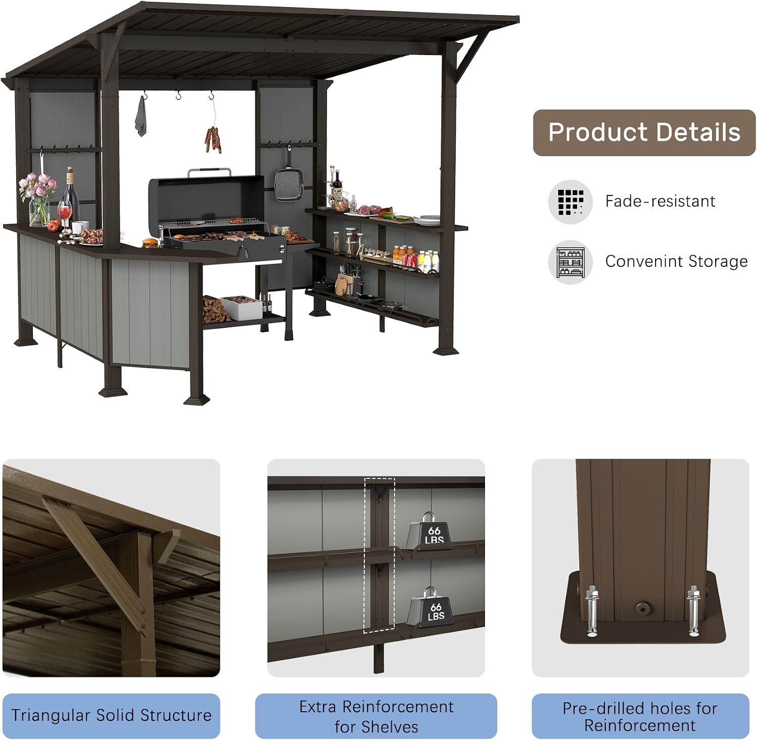 Domi 9x10FT Grill Gazebo Hardtop, BBQ Gazebo for Outdoor Grill with Storage Shelves and Expansion Platform, Metal Permanent Lean-to Canopy for Patio Backyard Lawn, Brown