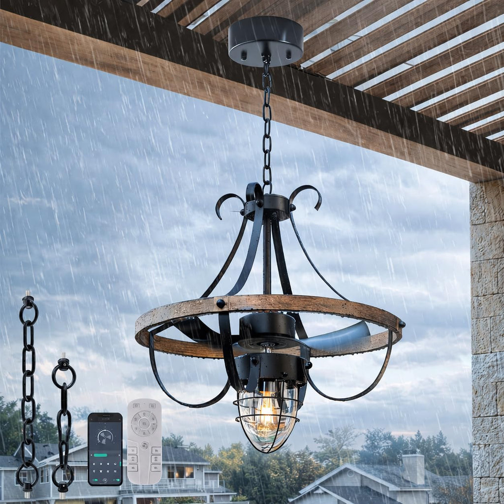 Garwarm Waterproof Outdoor Ceiling Fan with Lights and Remote,IP44 Black Outdoor/Indoor Ceiling Fans for Patios 6-Speed DC Motor, Farmhouse Gazebo Fan for Porch Pavilion