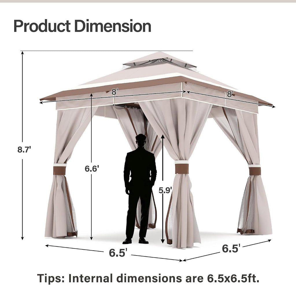 LAUSAINT HOME 8'x8' Outdoor Gazebo, Metal Frame Heavy Duty Patio Canopy Tent Shelter with Double Roofs, Mosquito Nettings and Privacy Screens for Backyard, Garden, Lawn, Classic Khaki