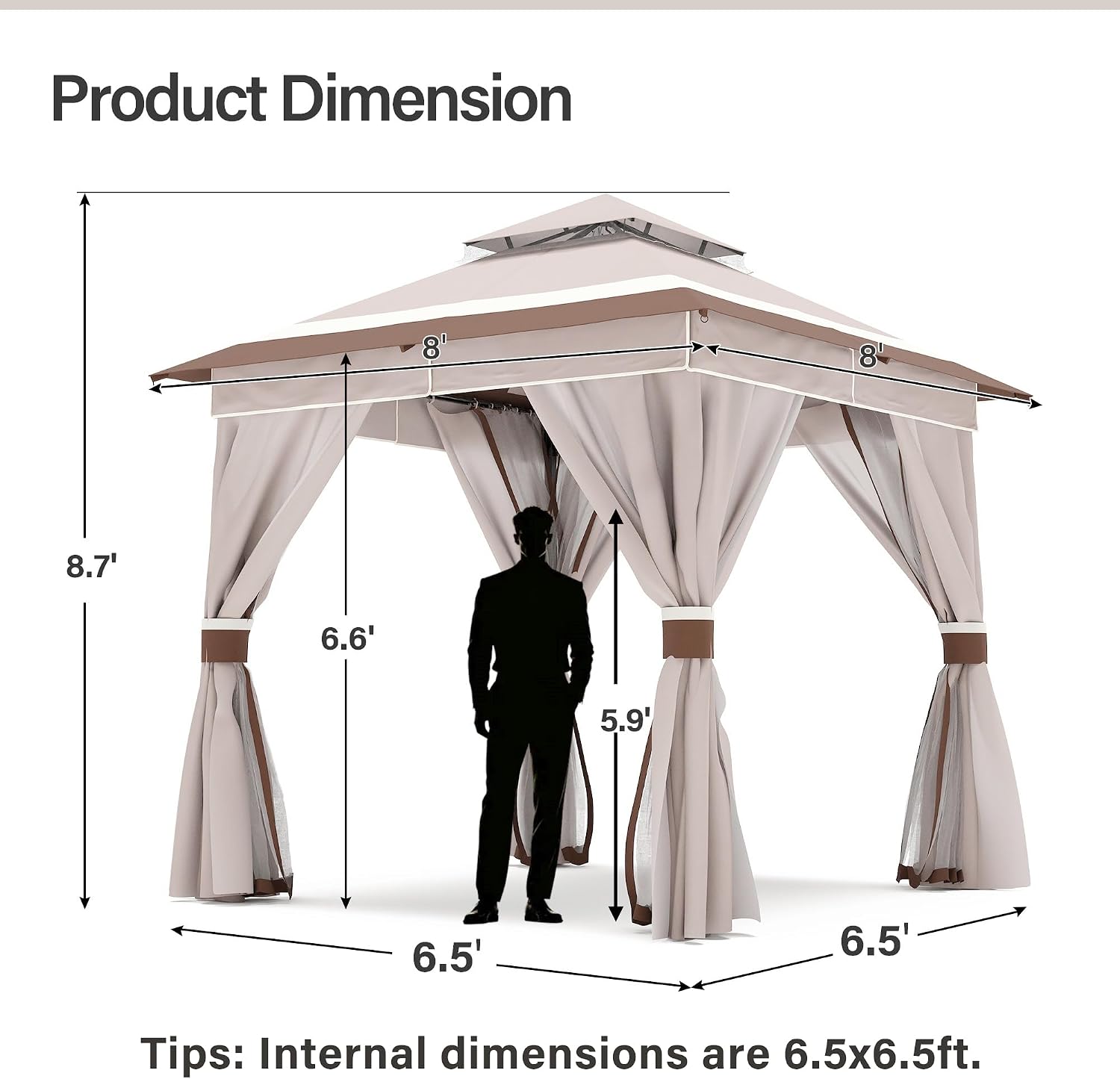 LAUSAINT HOME 8'x8' Outdoor Gazebo, Metal Frame Heavy Duty Patio Canopy Tent Shelter with Double Roofs, Mosquito Nettings and Privacy Screens for Backyard, Garden, Lawn, Classic Khaki