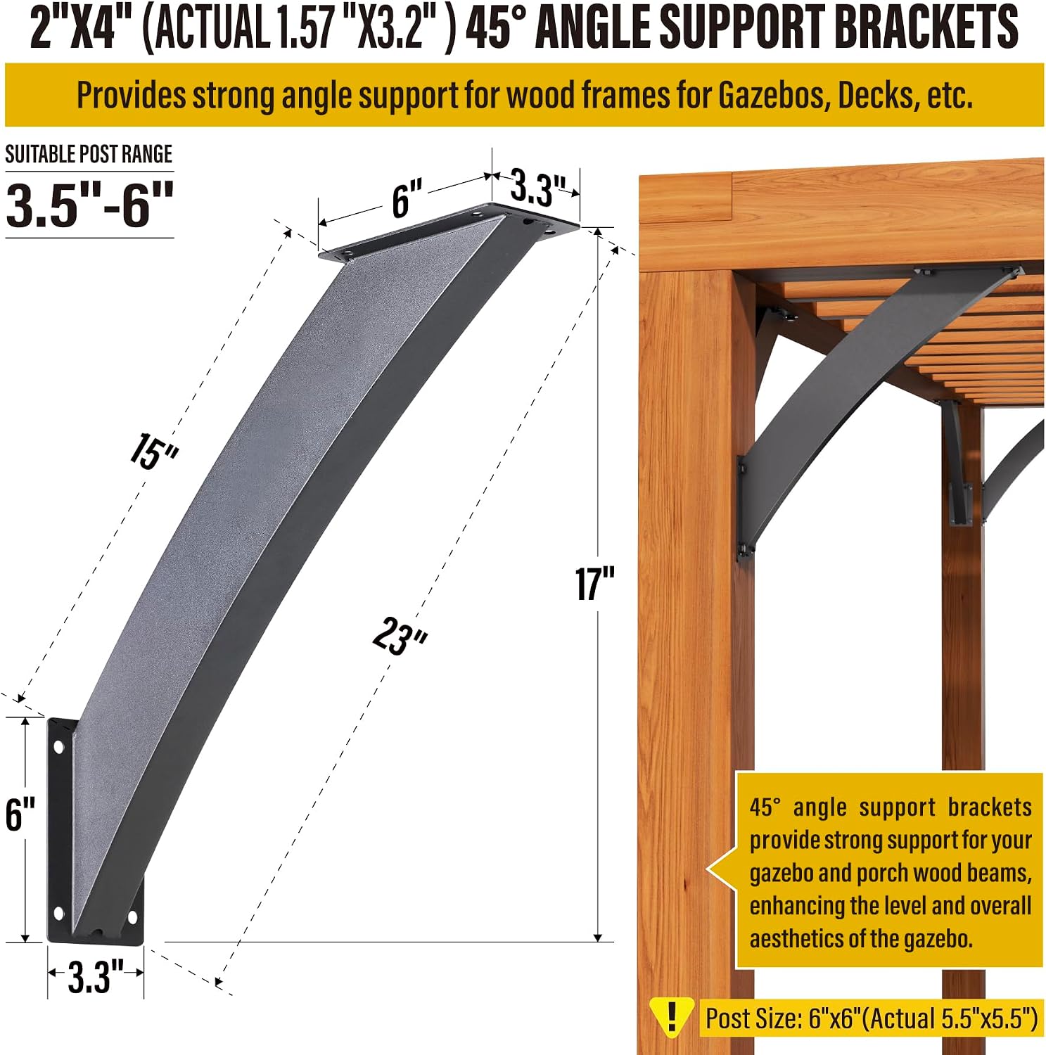 Heavy Duty 45 Degree Angle Support Bracket 2'×4' (Actual: 1.5'×3.2') Wood Beam Support Hardware Degree Post Bracket for Gazebos Pagola Porches 4Pcs