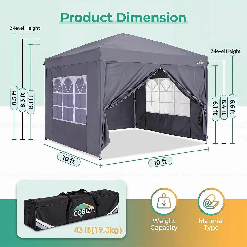 COBIZI 10x10 Pop up Canopy Tent, 10 by 10 Easy Setup Pop up Gazebo with 4 Sidewalls & Center Lock, Small Portable Instant Waterproof Outdoor Tent Canopy for Patio Backyard Vendor Event Sports, Gray