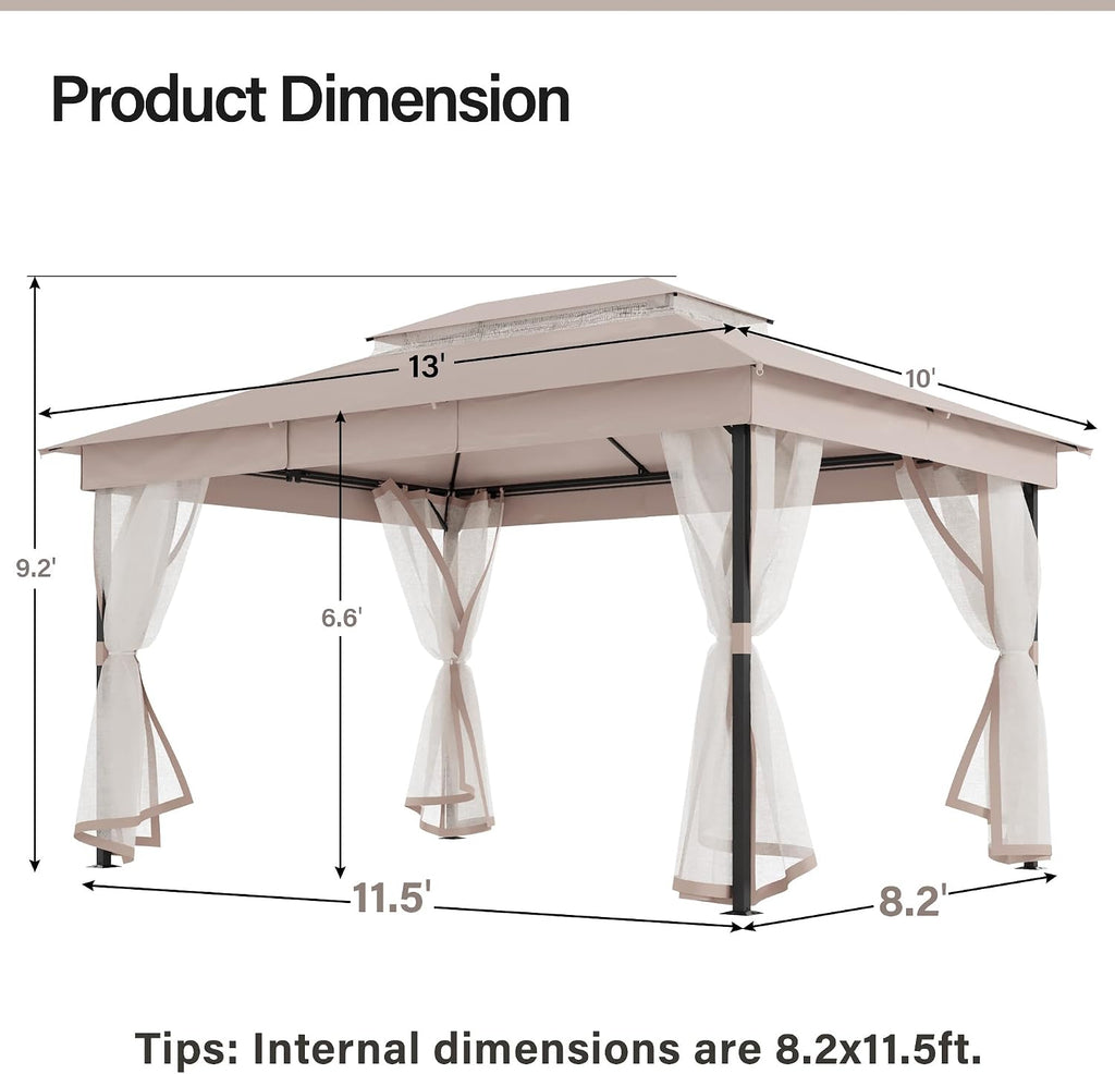 LAUSAINT HOME 10' X 13' Waterproof Patio Gazebo with Mosquito Netting, Double Roof Outdoor Gazebo Pavilion Shelter for Backyard, Garden, Lawn, Wedding (Khaki)