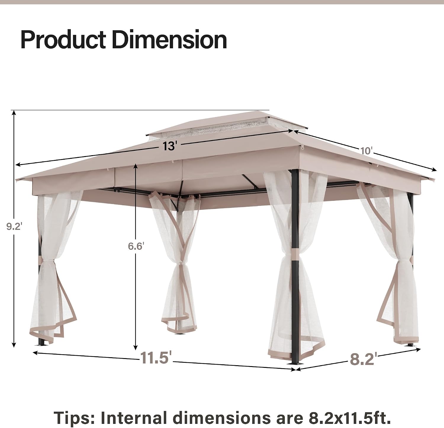 LAUSAINT HOME 10' X 13' Waterproof Patio Gazebo with Mosquito Netting, Double Roof Outdoor Gazebo Pavilion Shelter for Backyard, Garden, Lawn, Wedding (Khaki)