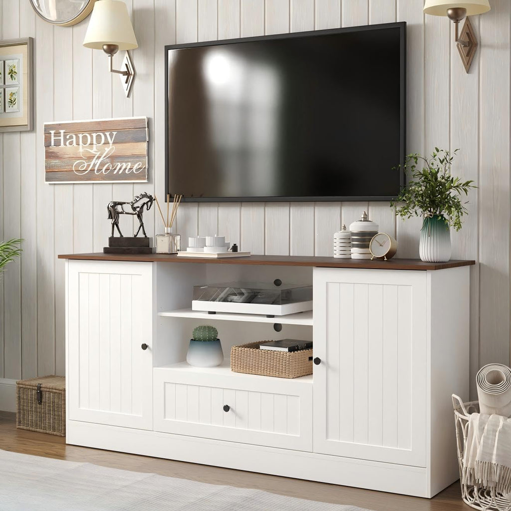 Furnify 63 in Farmhouse TV Stand for TVs up to 70 Inch, Modern Entertainment Center with Storage Drawer and Open Shelves, Shaker Door TV Console Media Cabinet for Living Room, Bedroom, White