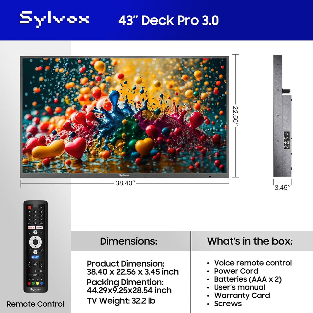 SYLVOX Smart Outdoor TV, 43 inch Outdoor Television Upgraded Google TV, 4K Weatherproof Outside TV, IP56 Waterproof, Google Assistant, Chromecast, 1000 nit Brightness for Partial Sun (Deck Pro 3.0)