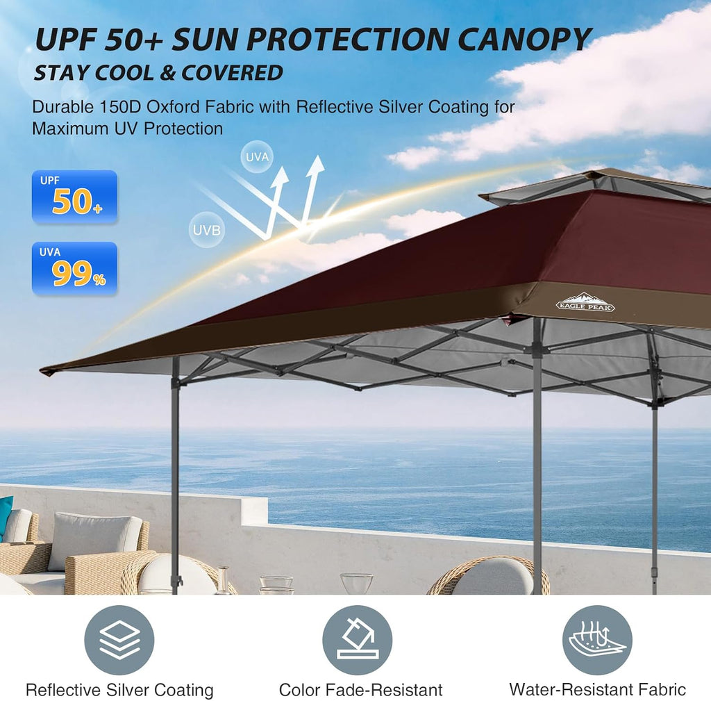 EAGLE PEAK 13x13 Straight Leg Pop Up Canopy Tent Instant Outdoor Canopy Easy Single Person Set up Folding Shelter w/Auto Extending Eaves 169 Square Feet of Shade (Burgundy/Brown)