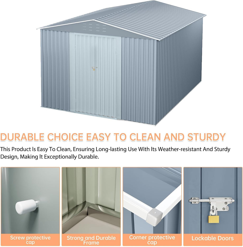 Outdoor Storage Shed 10 X 10 FT, Large Metal Storage Sheds, with Reinforced Sloping Roo, Door Lock, Waterproof, for Backyard, Garden Patio Lawn