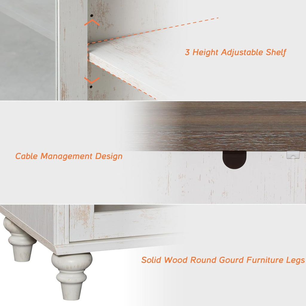 WAMPAT Farmhouse TV Stand for TVs Up to 75 inch, Glass Wooden Universal TV Stand with 2 Storage Cabinets, Entertainment Center, Console Table for Living Room, Bedroom, Rustic White