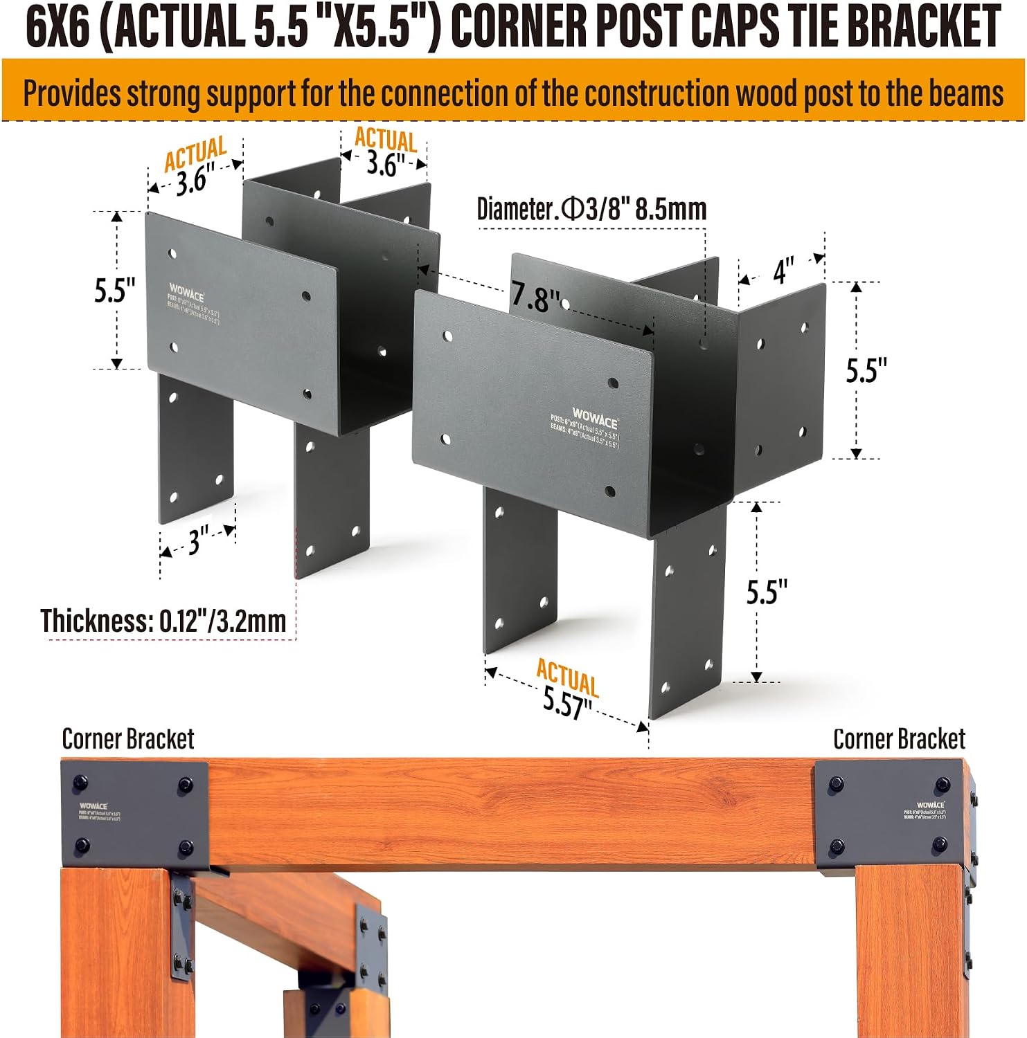 4 Pack 4x6 (Actual 3.5'x5.5') Heavy Duty Stainless Steel Pergola Brackets - Corner Post to Beam Connector for Gazebos, Patio Decks, Porches - Wood Post Cap Tie Bracket (Dark Gray)