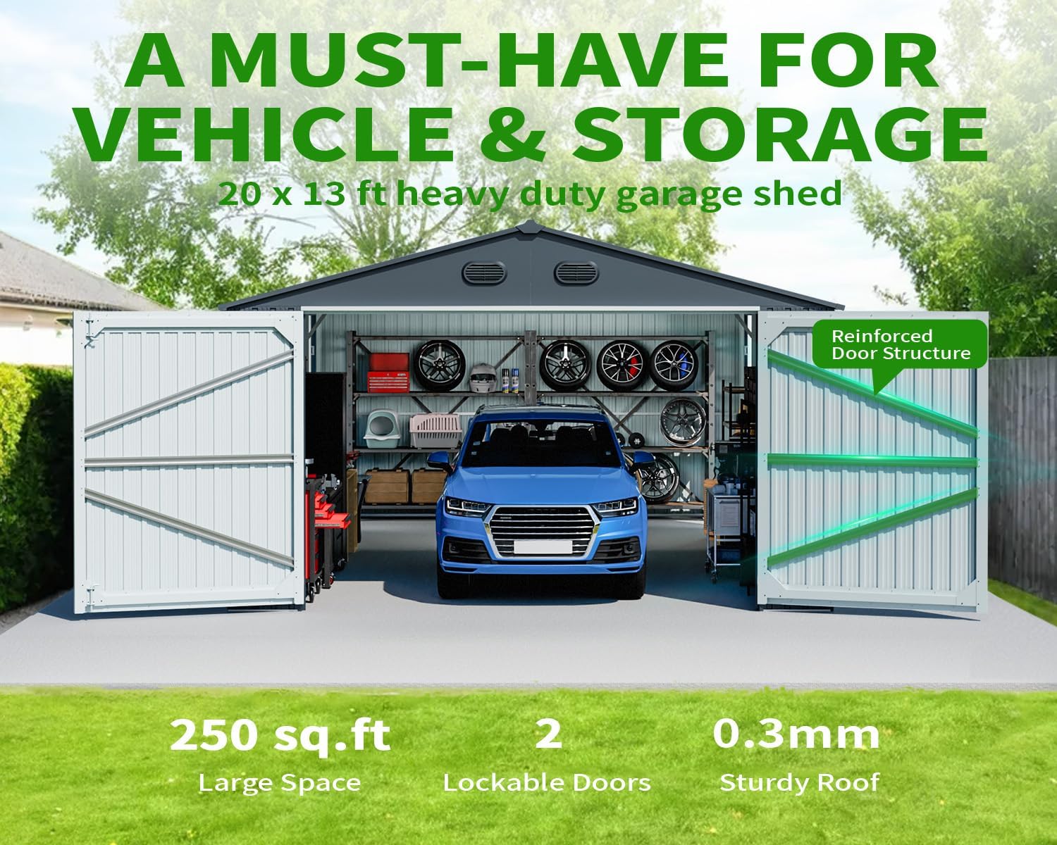 20x13 FT Outdoor Storage Shed, Metal Garage Shed with 2 Lockable Doors, Large Metal Building with 4 Air Vents, Galvanized Steel Prefab Garage Sheds for Car, Truck, Bike, Tool, Dark Gray