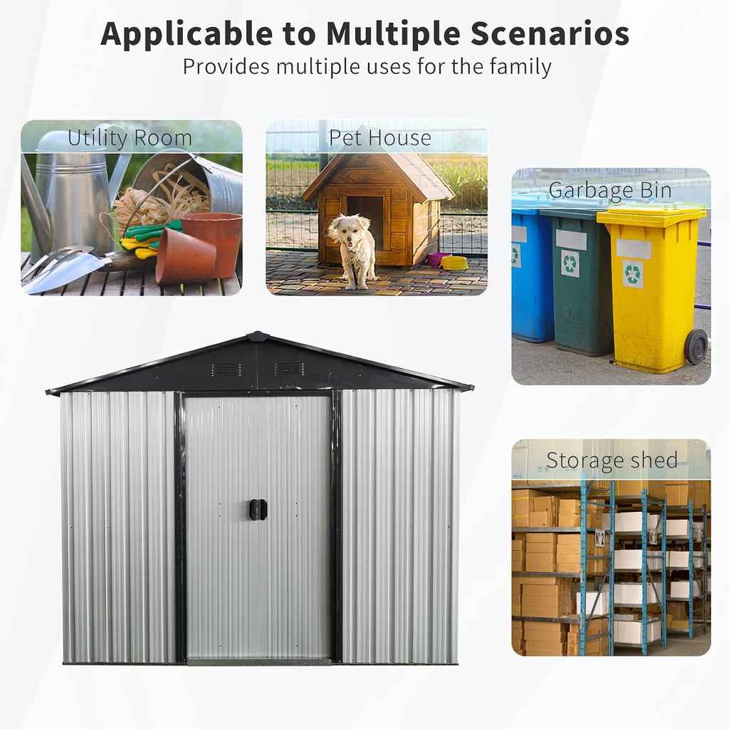 KEIKI 8x4 FT Outdoor Metal Storage Shed with Peaked Roof,Vents and Sliding Lockable Door for Garden Yard