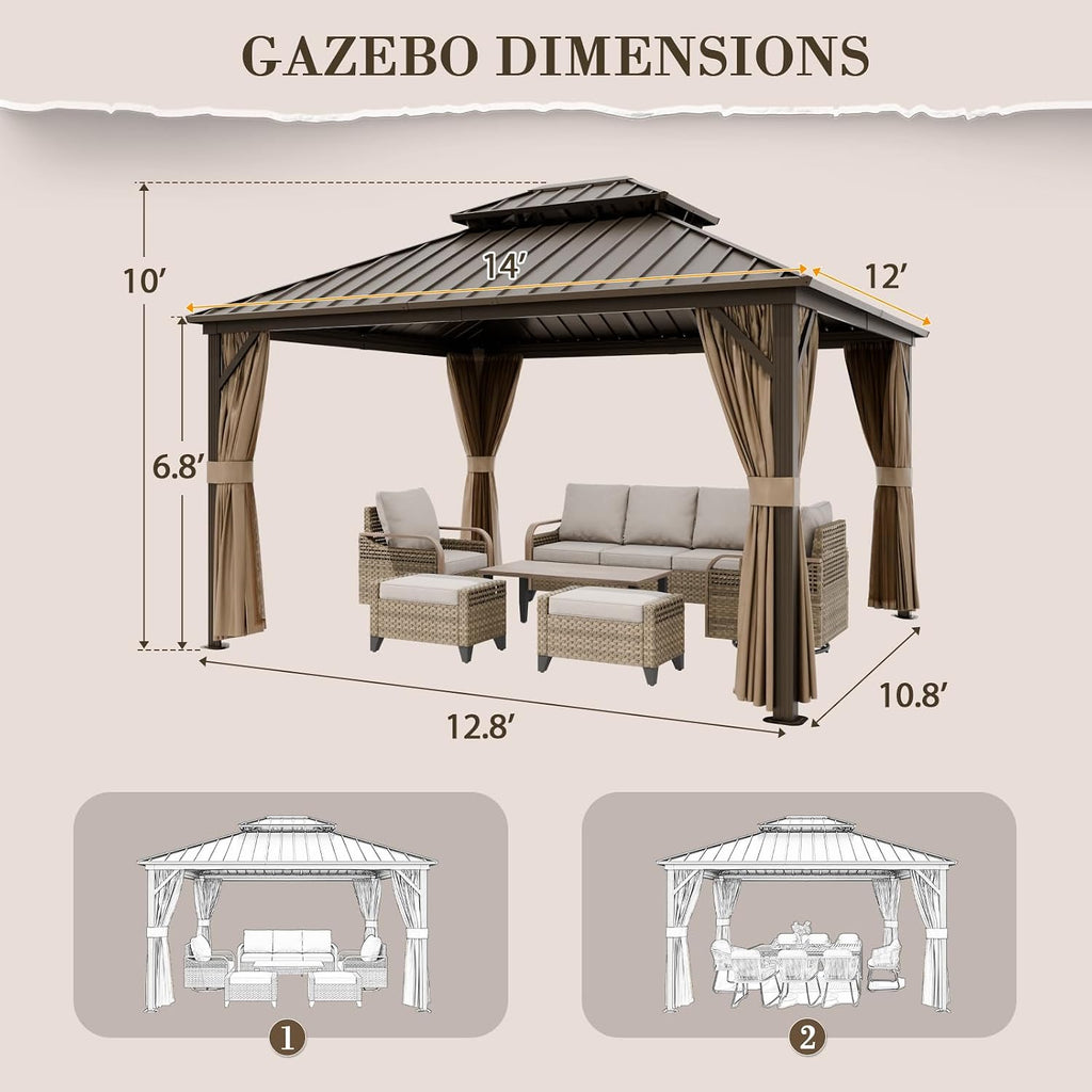 EAGLE PEAK 12x14 Hardtop Gazebo, Galvanized Steel Double Roof with Aluminum Frame, Outdoor Pavilion with Netting and Curtains for Patio, Deck, Lawn and Garden, Dark Brown/Tan