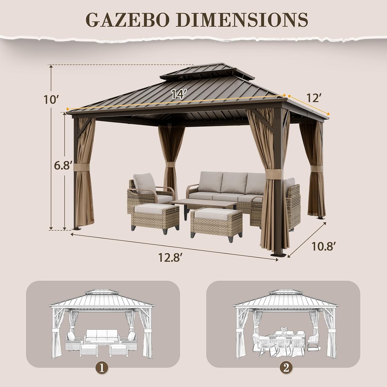 EAGLE PEAK 12x14 Hardtop Gazebo, Galvanized Steel Double Roof with Aluminum Frame, Outdoor Pavilion with Netting and Curtains for Patio, Deck, Lawn and Garden, Dark Brown/Tan