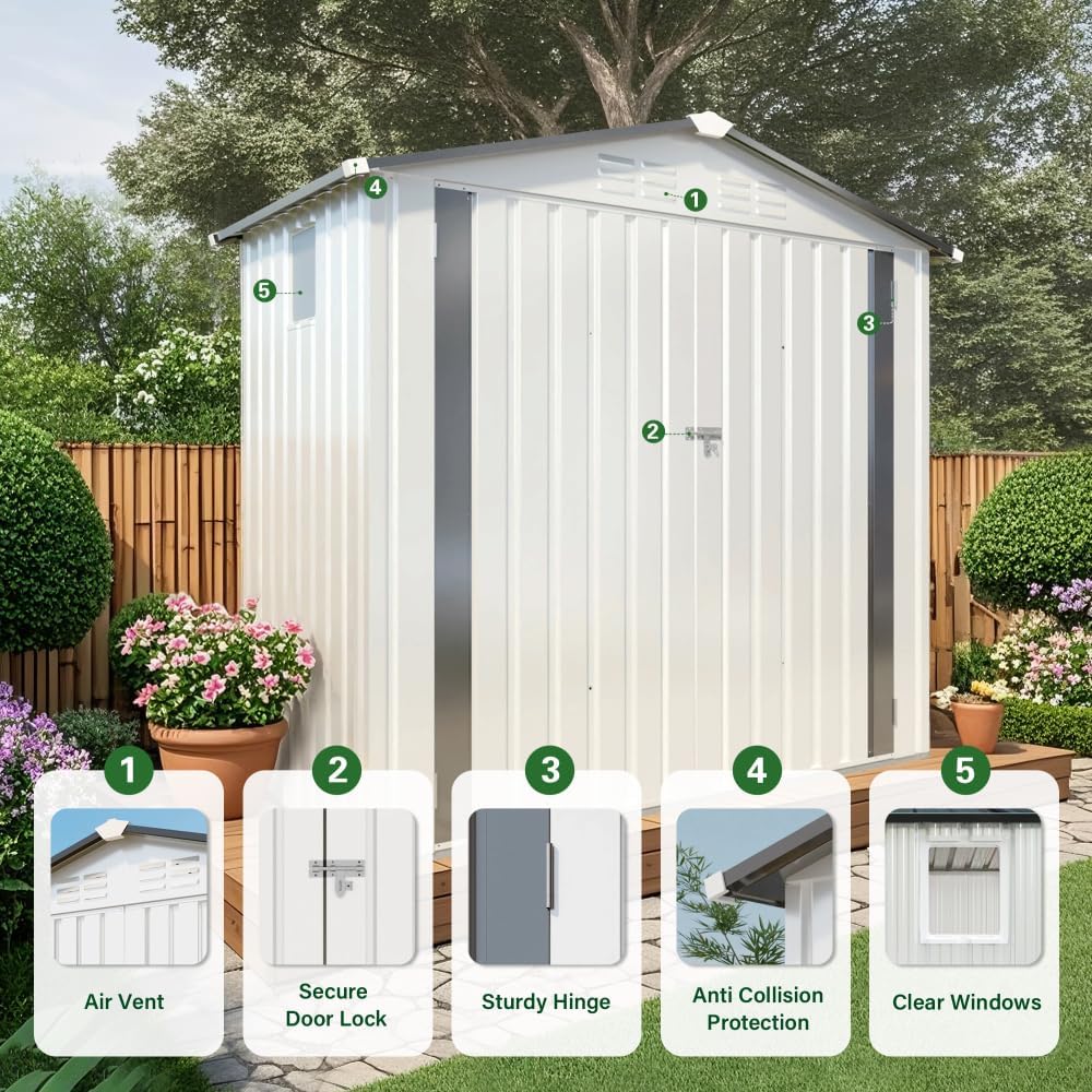 6X3.5 FT Metal Storage Shed Outdoor Tool Shed with Window, Lockable Door & Vents, Waterproof Backyard Garden Storage for Tools, Bikes, Sundries, Patio (White+Gray)