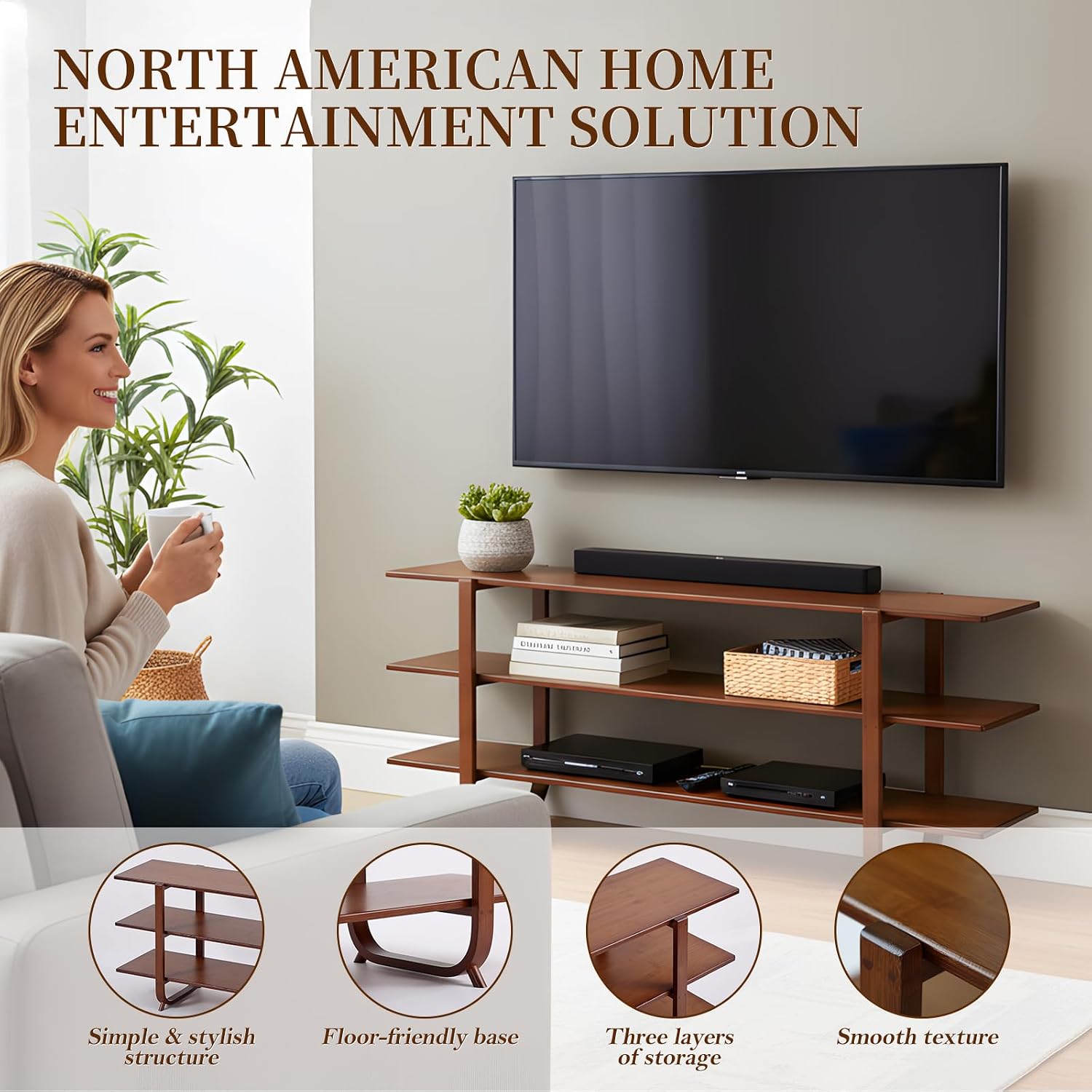 Welnow Bamboo TV Stand for Up to 65 Inch, Mid Century Modern Entertainment Center with 3-Tier Open Shelves, Storage Media Console Table for Living Room, Bedroom, Walnut