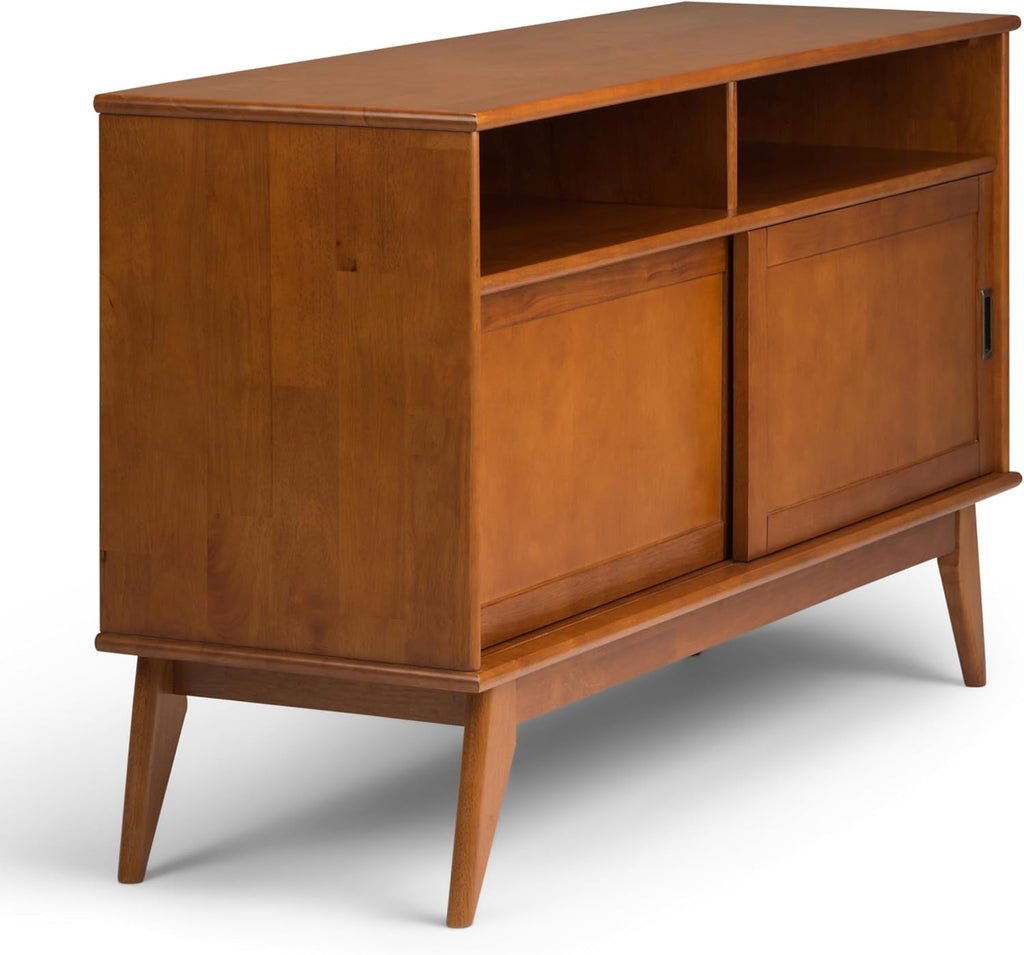 SIMPLIHOME Draper TV Stand - 54 inch Wide Solid Wood Tall Media Console in Teak Brown, Mid Century Modern Entertainment Center for Living Room for TVs up to 60 Inches with Shelves and Cable Management