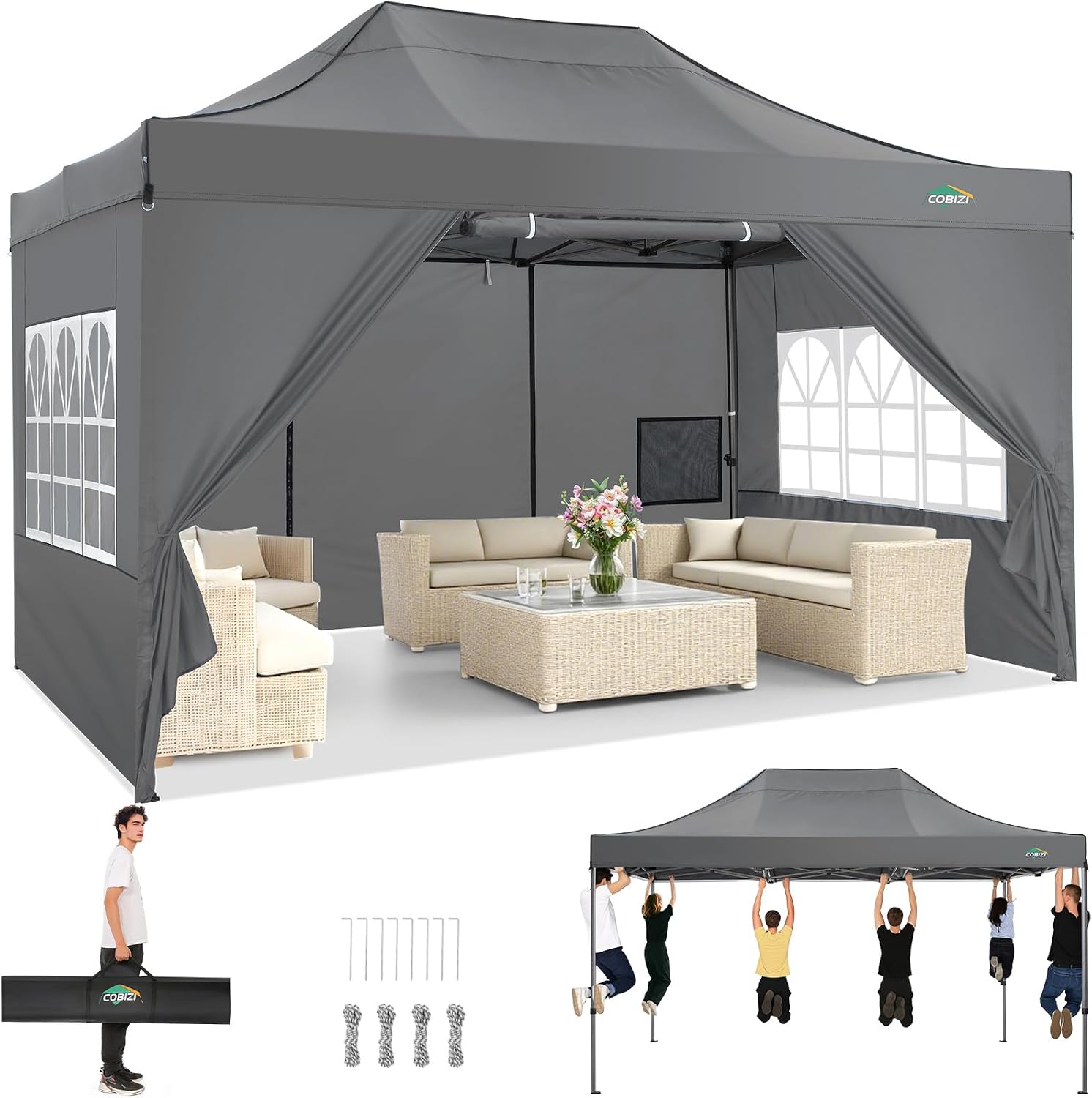 COBIZI 10x15 Heavy Duty Pop Up Canopy Tent with 4 Sidewalls Thicken Frame, Commercial Easy Up Outdoor Wedding Party Tents, All Season Waterproof Windproof with Stakes Sandbags Ropes Bag, Gray
