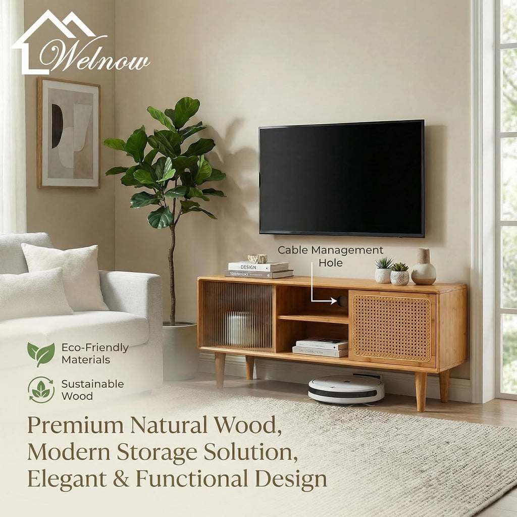 Welnow Rattan TV Stand for Up to 55 Inch, Mid Century Modern Bamboo Entertainment Center with 2 Cabinets & Adjustable Shelf, Storage Media Console Table for Living Room, Bedroom, Natural