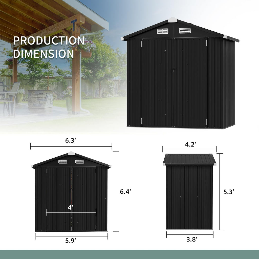6.4' x 4' Outdoor Metal Storage Shed, Lockable Utility Garden Shed for Tools, Bikes, and Equipment, Perfect for Backyard, Patio, and Poolside (Black)