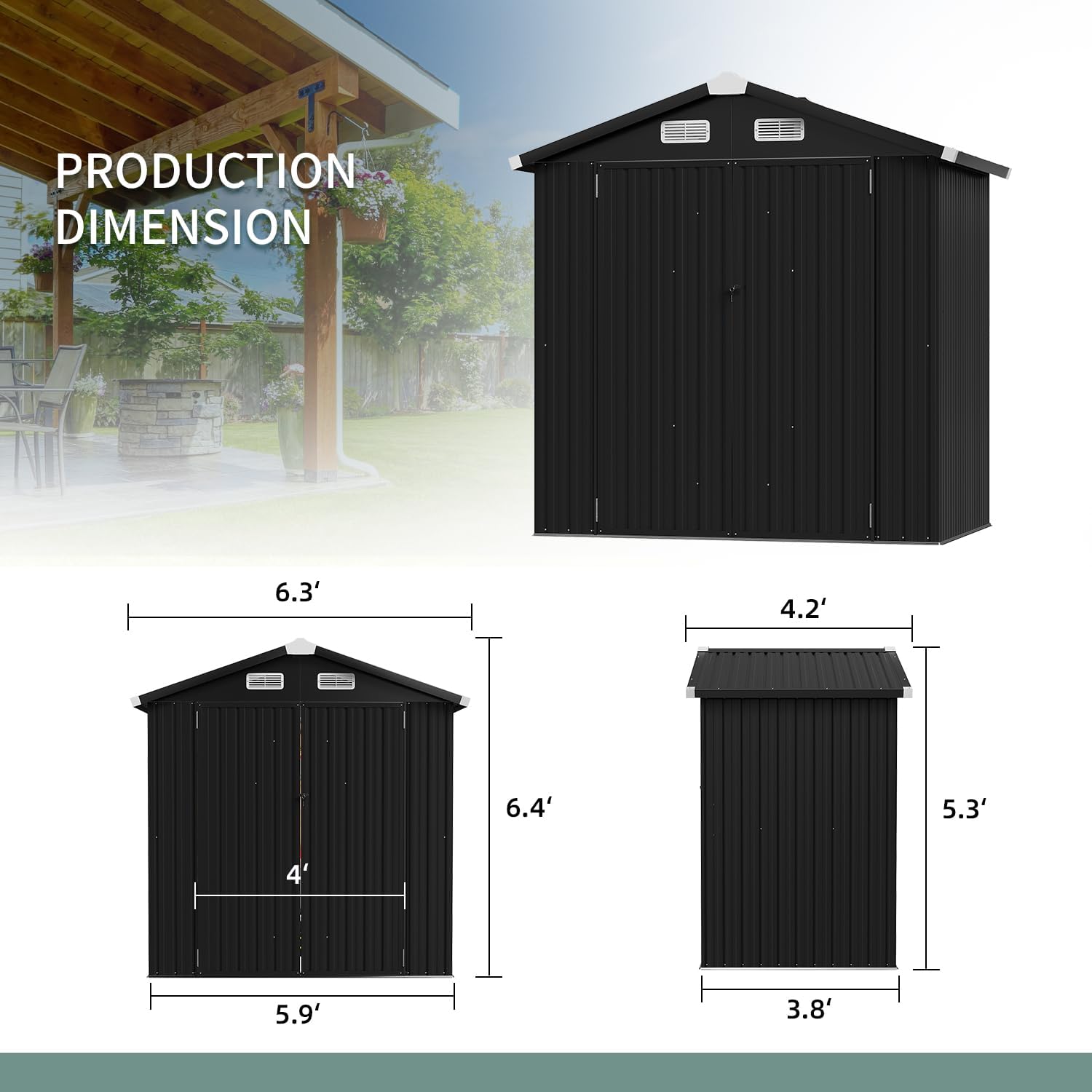 6.4' x 4' Outdoor Metal Storage Shed, Lockable Utility Garden Shed for Tools, Bikes, and Equipment, Perfect for Backyard, Patio, and Poolside (Black)