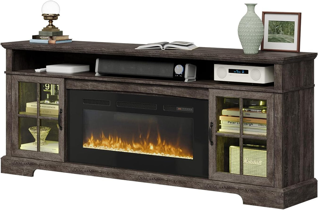 70' Farmhouse TV Stand with 36' Fireplace for TVs up to 80', Media Entertainment Center with Adjustable Shelves and Large Storage Cabinets, for Living Room, Gray & Black