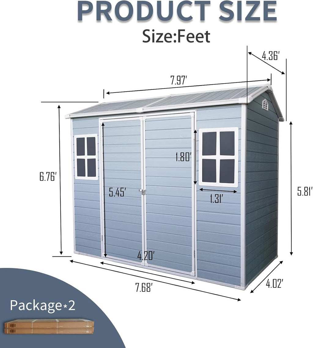 8x4 FT Outdoor Storage Shed with Floor, Weather Resistant Tool Shed with Lockable Door, Vents & Windows, Resin Garden Sheds with Sloped Roof for Backyard, Patio, Lawn, Black