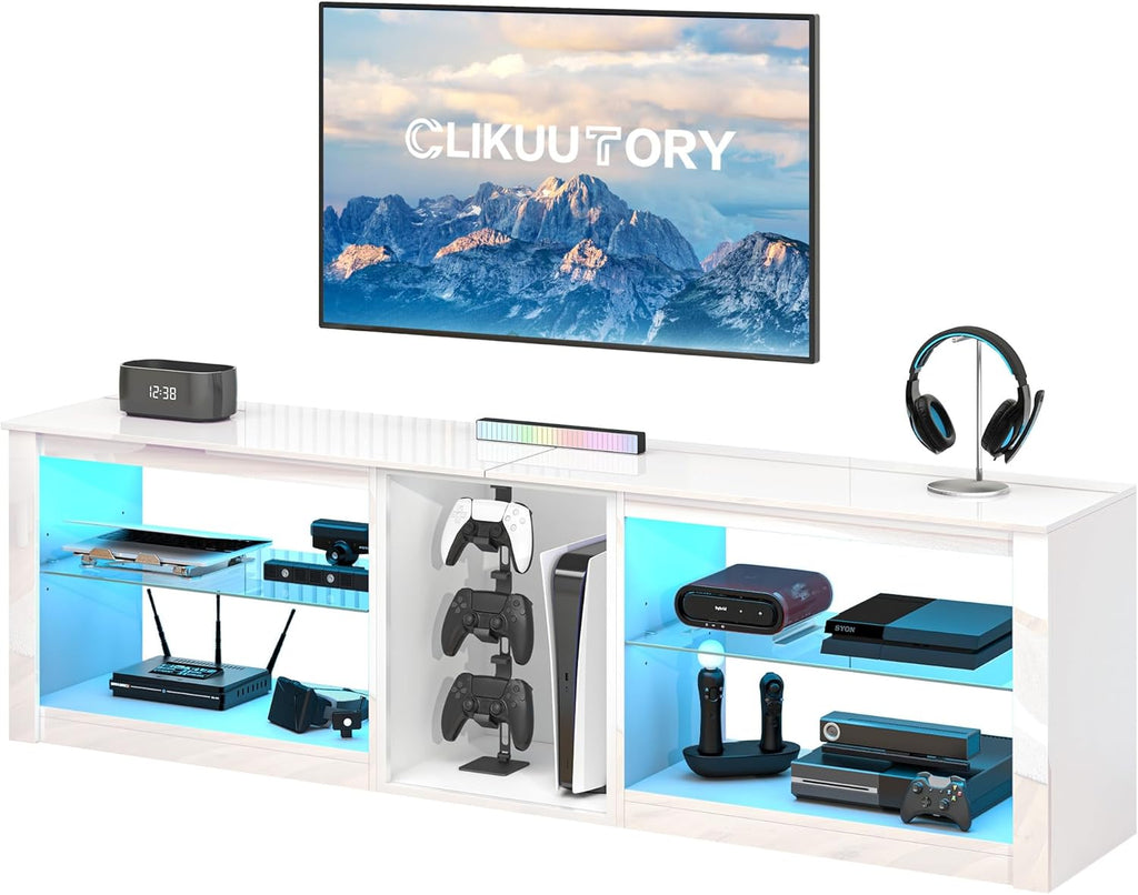 Clikuutory Modern 63 inch TV Stand with LED Lights for 50 55 60 65 70 75 inch TVs, High Gloss Entertainment Center for PS5, TV Cabinet with Glass Shelves for Living Room, Bedroom, Bright White