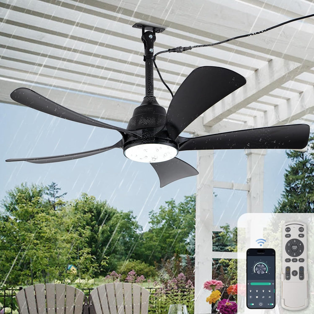 Bella Depot 42' Outdoor Ceiling Fan Black Waterproof Gazebo Fan with Light Smart App Remote Control Hanging Fan for Outside Patios Pergola Tent Plug-in Design (42'- Black)