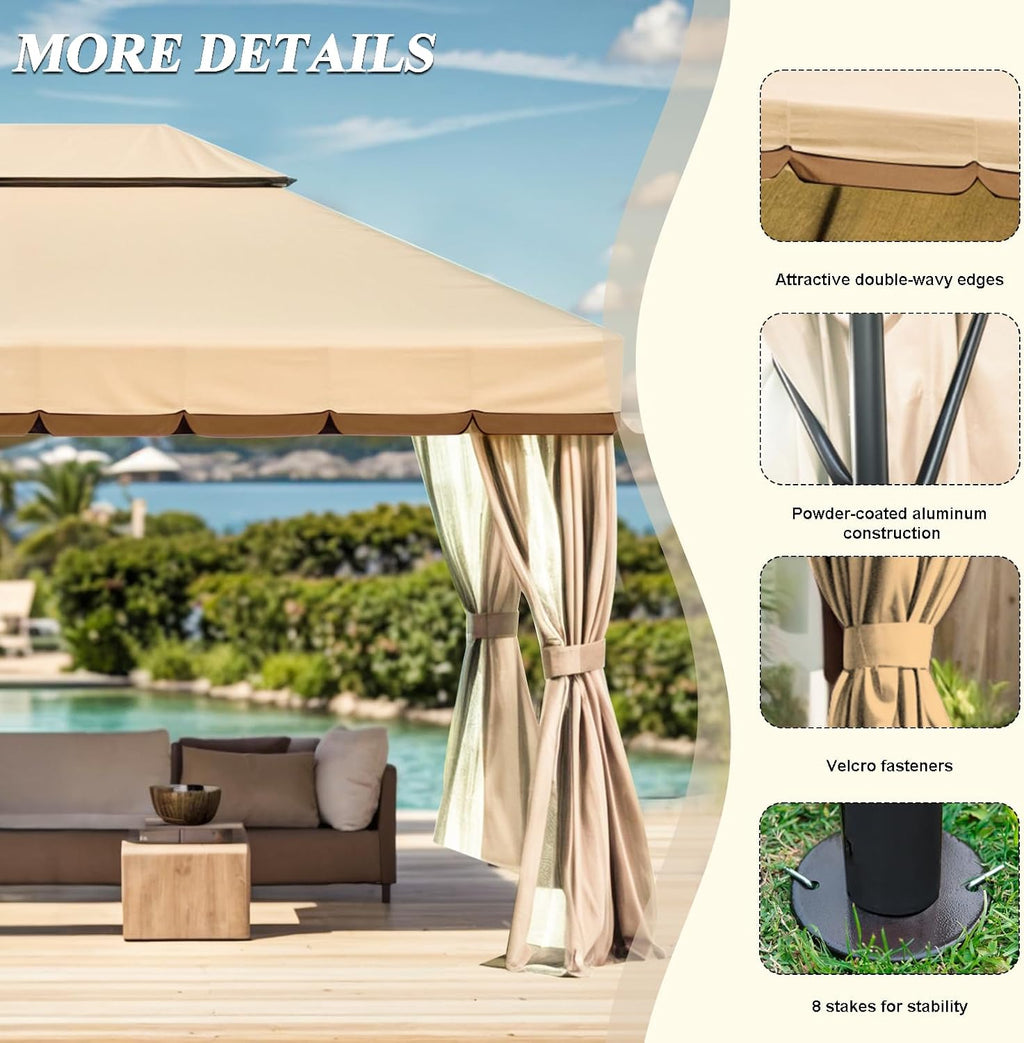 10x13 Gazebo for Patio, Outdoor Gazebo with Mosquito Netting & Curtains, Double Tier Roof Round Leg Marquee Canopy Shelter for Garden, Deck, Backyard, Lawn (Beige)