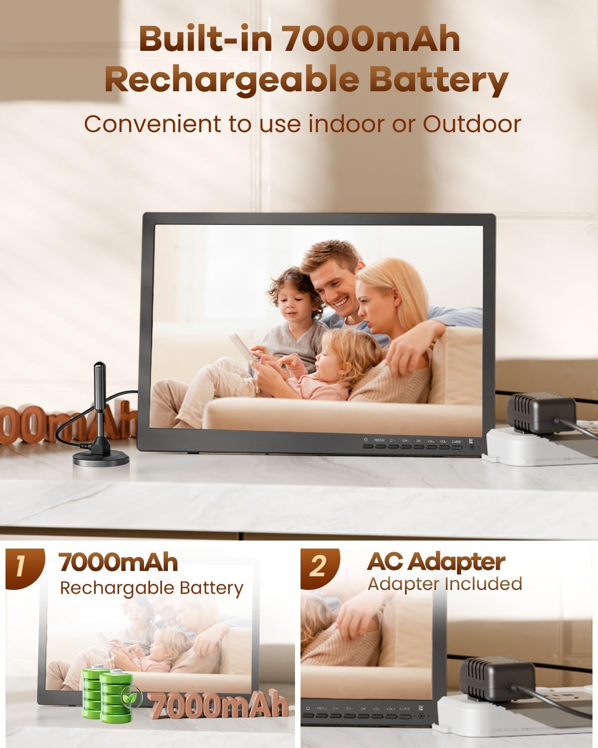 NORTHING 1080P 12 Volt Portable TV with Antenna/USB/HDMI/AV, for Camping Home Kitchen Power Outage, Sleep Timer (Inches, 17)