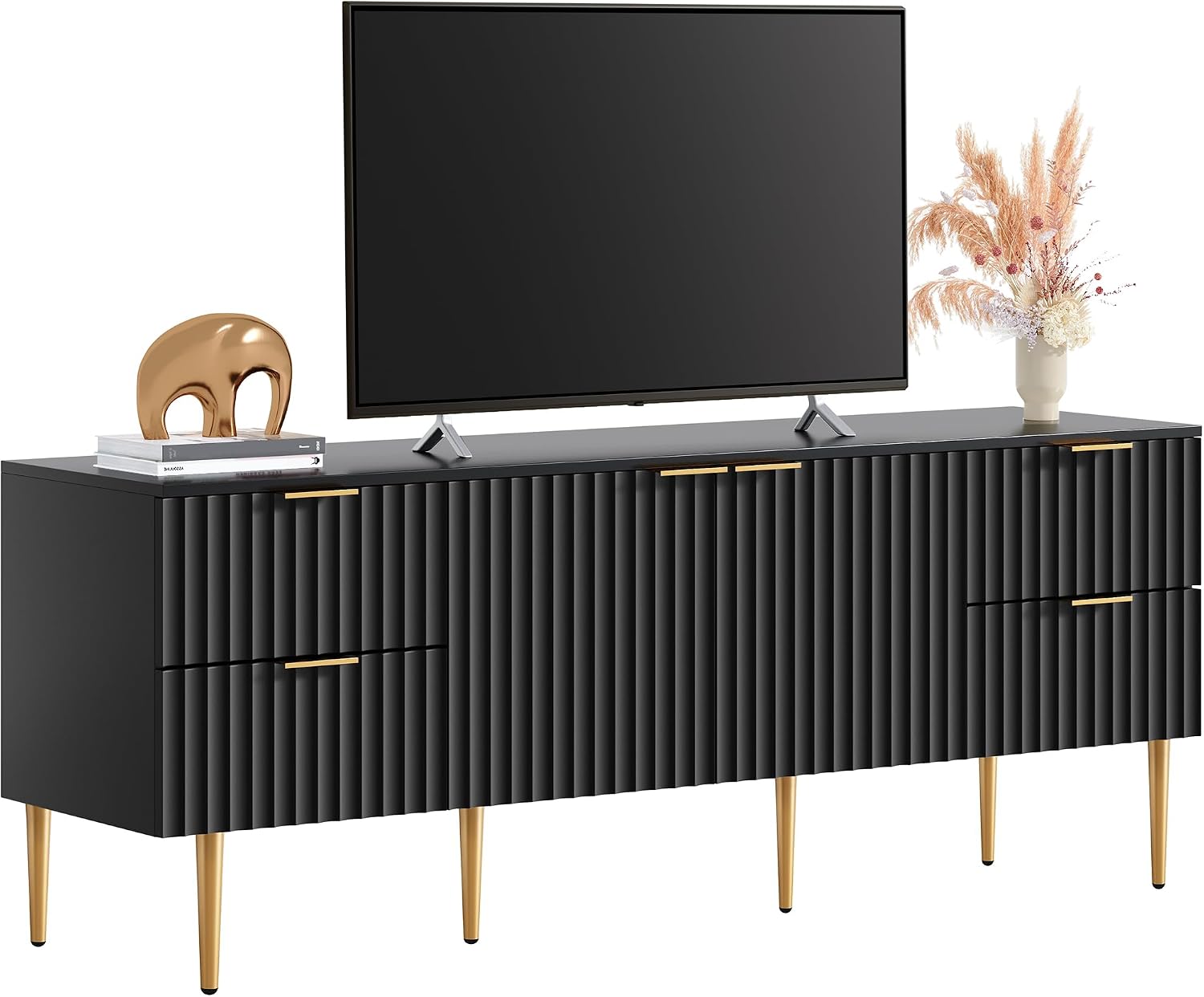 SICOTAS TV Stand for 55/60/65/70 Inch TV - 62 Inch TV Stands for Living Room Entertainment Center with 4 Drawers, Fluted Modern TV Media Console Television Cabinet for Bedroom (Black,1 Piece)