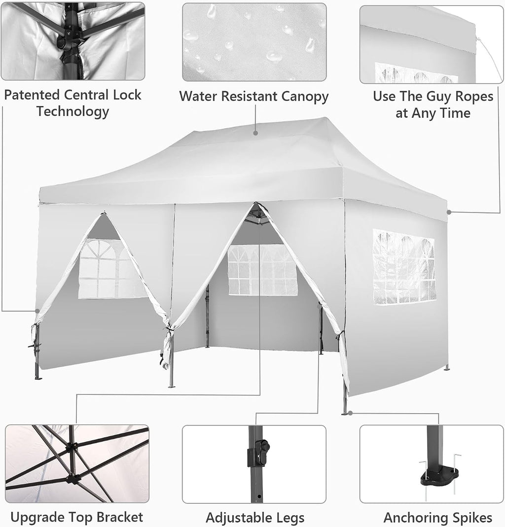 GDY 10'x20' Pop Up Canopy, Folding Party Tent with 6-Panel Removable Sidewalls, Heavy Duty Outdoor Commercial Instant Gazebo with Wheeled Bag, White.