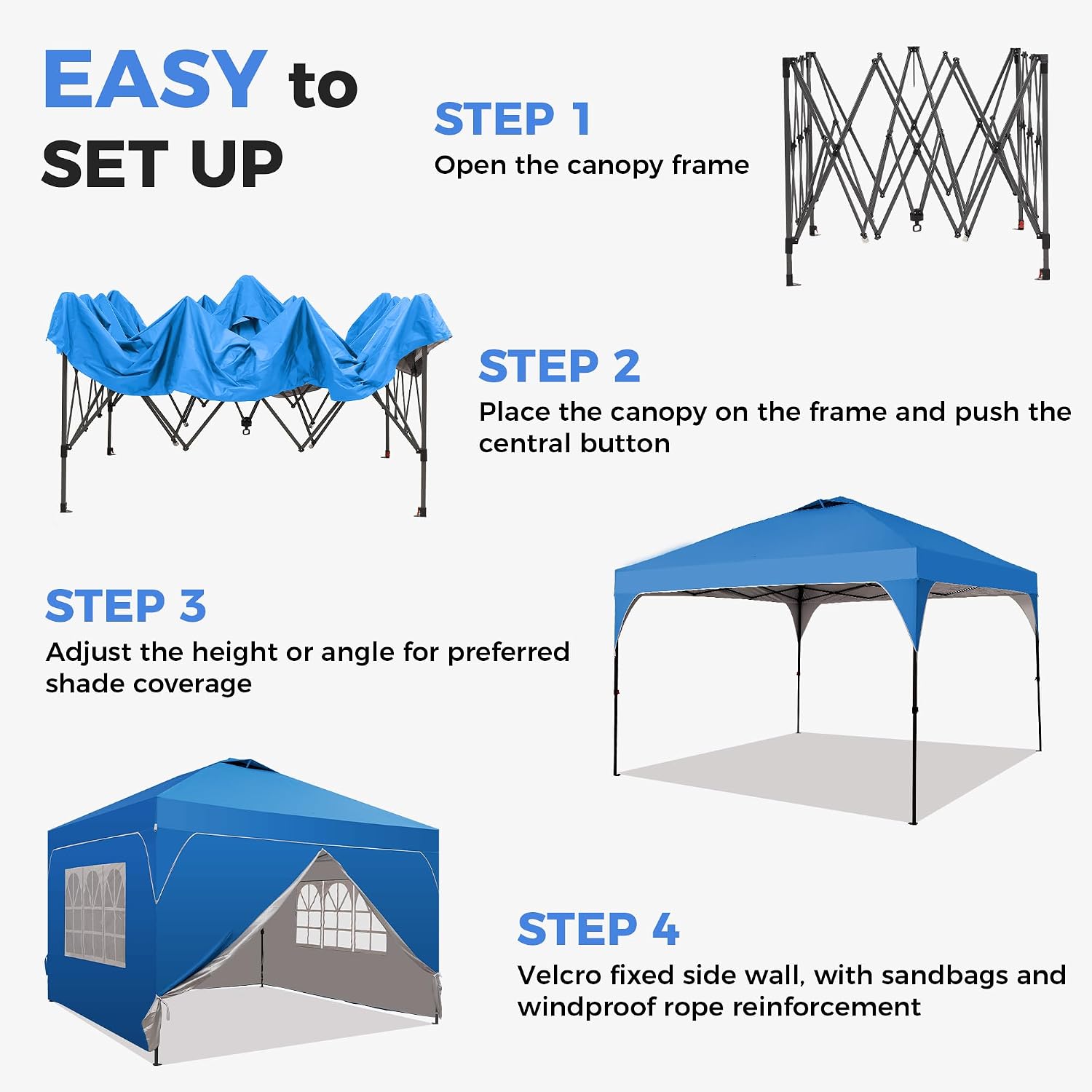 8x8 Pop Up Canopy Tent with One Push Setup, Portable Sun Shade Tent, Instant Easy Up Canopy with 4-Sidewalls & Hand Bag, Outdoor Fldable Gazebo with Vent Top, Blue.