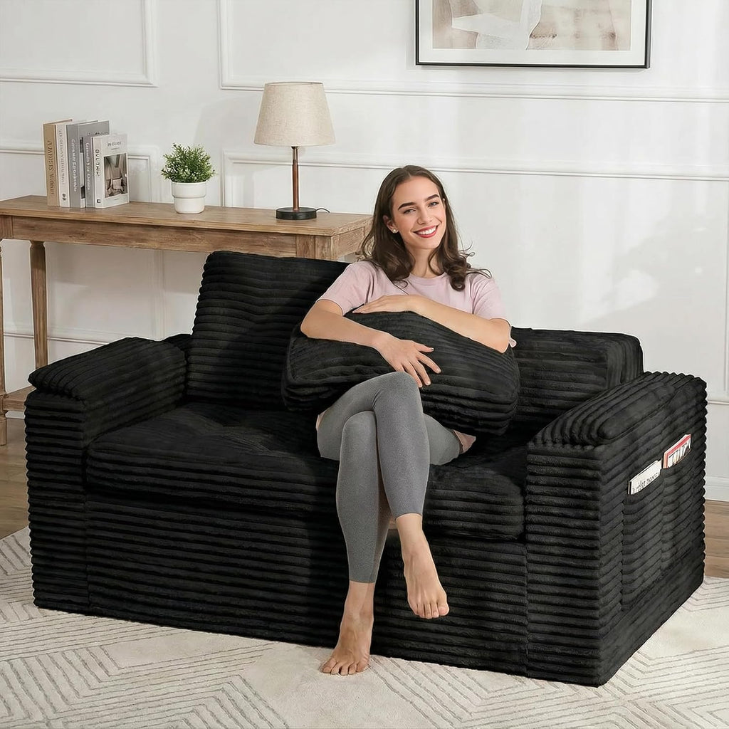 Boneless Loveseat Sofa, 60in Cloud Couch Sofa for Living Room 2 Seater Modern Lounge Sleeper Couch with Removable Cover Corduroy with Armrest, Seat Cushion & Pillows for Small Spaces, Black