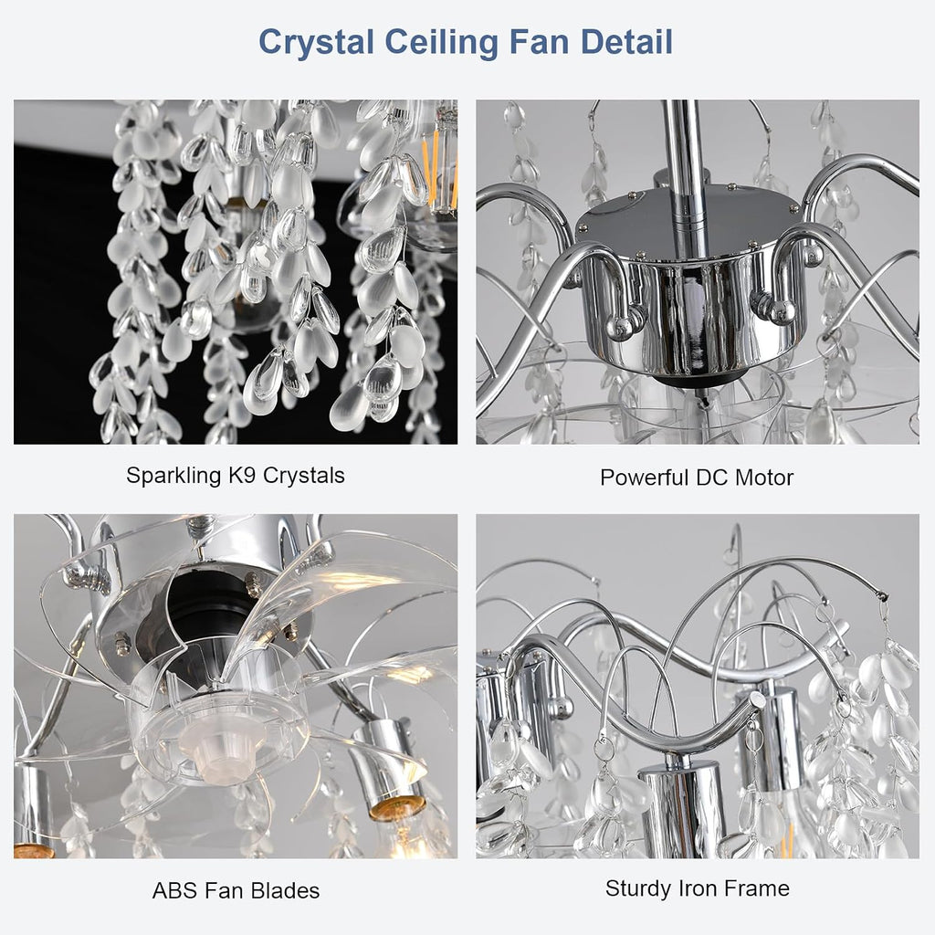 Garwarm 20in Ceiling Fans with Lights,Modern Fandelier Ceiling Fan with Light and Remote,Bladeless Crystals Chandelier Ceiling Fan for Bedroom Kitchen Living Room(6 Speed, Timing)-Chrome