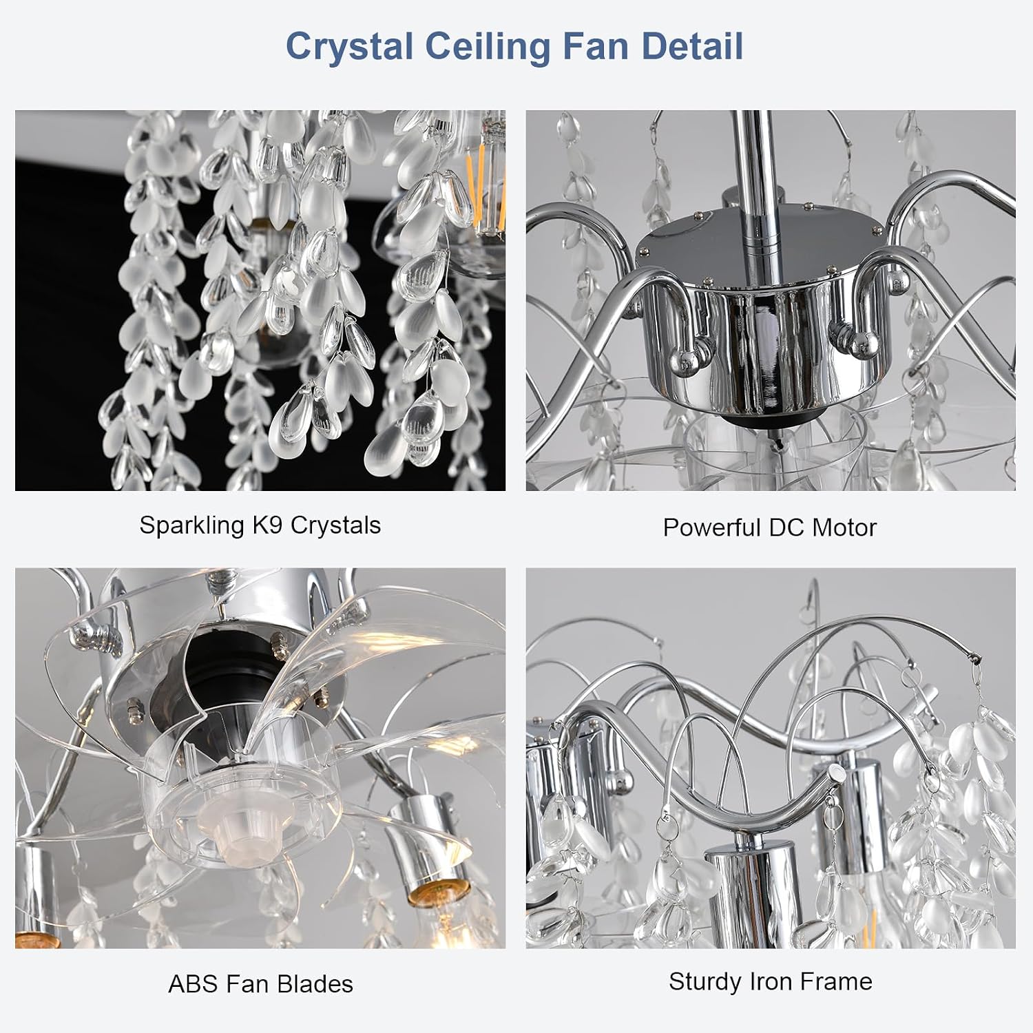 Garwarm 20in Ceiling Fans with Lights,Modern Fandelier Ceiling Fan with Light and Remote,Bladeless Crystals Chandelier Ceiling Fan for Bedroom Kitchen Living Room(6 Speed, Timing)-Chrome