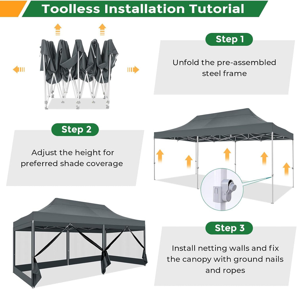 COBIZI 10x20 Heavy Duty Pop Up Canopy Tent with 6 Sidewalls, Easy Set Up Outdoor Waterproof Screen Commercial Party Tent with Mosquito Netting for Parties Backyard Patio, Roller Bag, Gray