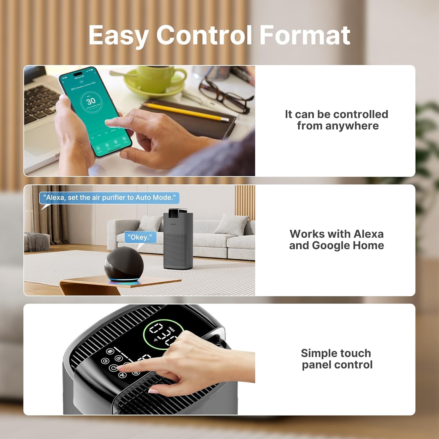 Air Purifiers for Home Large Room Up to 3600 Ft² with PM 2.5 Air Laser Sensor, HEPA 4-in-1 Filter for Airborne Particles, Sleep Mode for Allergies, Pet Hair in Bedroom, MR7566-WF, Ivory, 1Pack+3Modes
