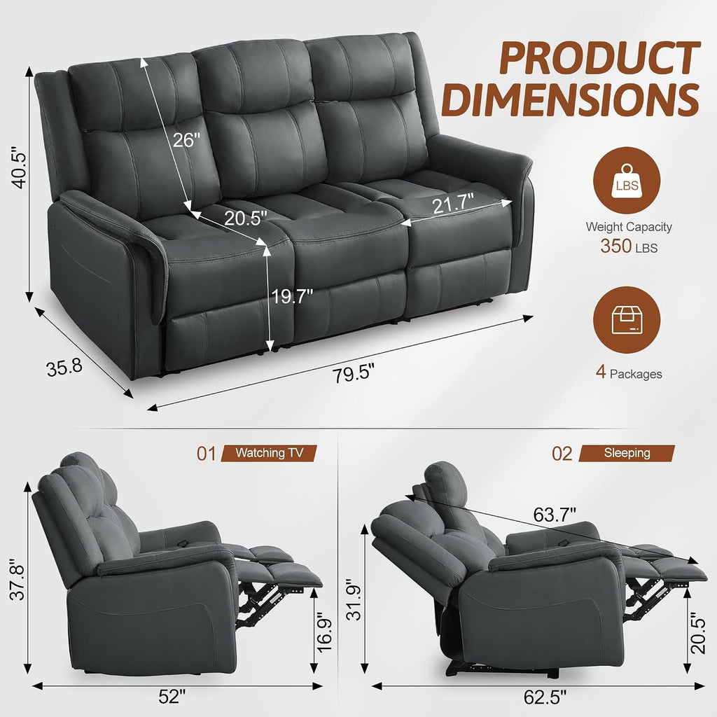 Korser Loveseat Recliner Sofa, Flip Middle Backrest Design 3 Seat Reclining Sofa with Storage Drawer, Performance Fabric Reclining Couch with Storage, USB Port, Manual Couch for Living Room, RVs