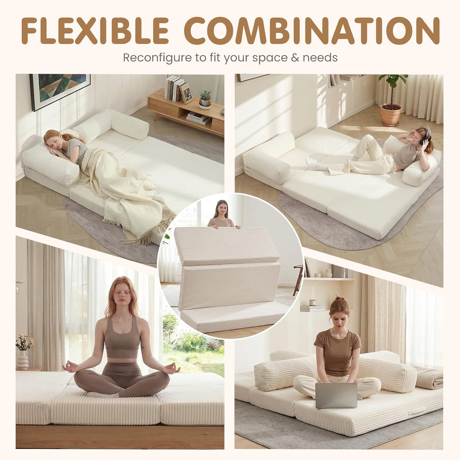 JUIKURY Folding Sofa Bed, Convertible Sleeper Chair with Pilow Foldable Matress, 2 in 1 Pull Out Loveseat Sofa Portable Fold Out Chair Bed Floor Couch Lounge for Living Room (Beige, Queen-82'L x 60'W)