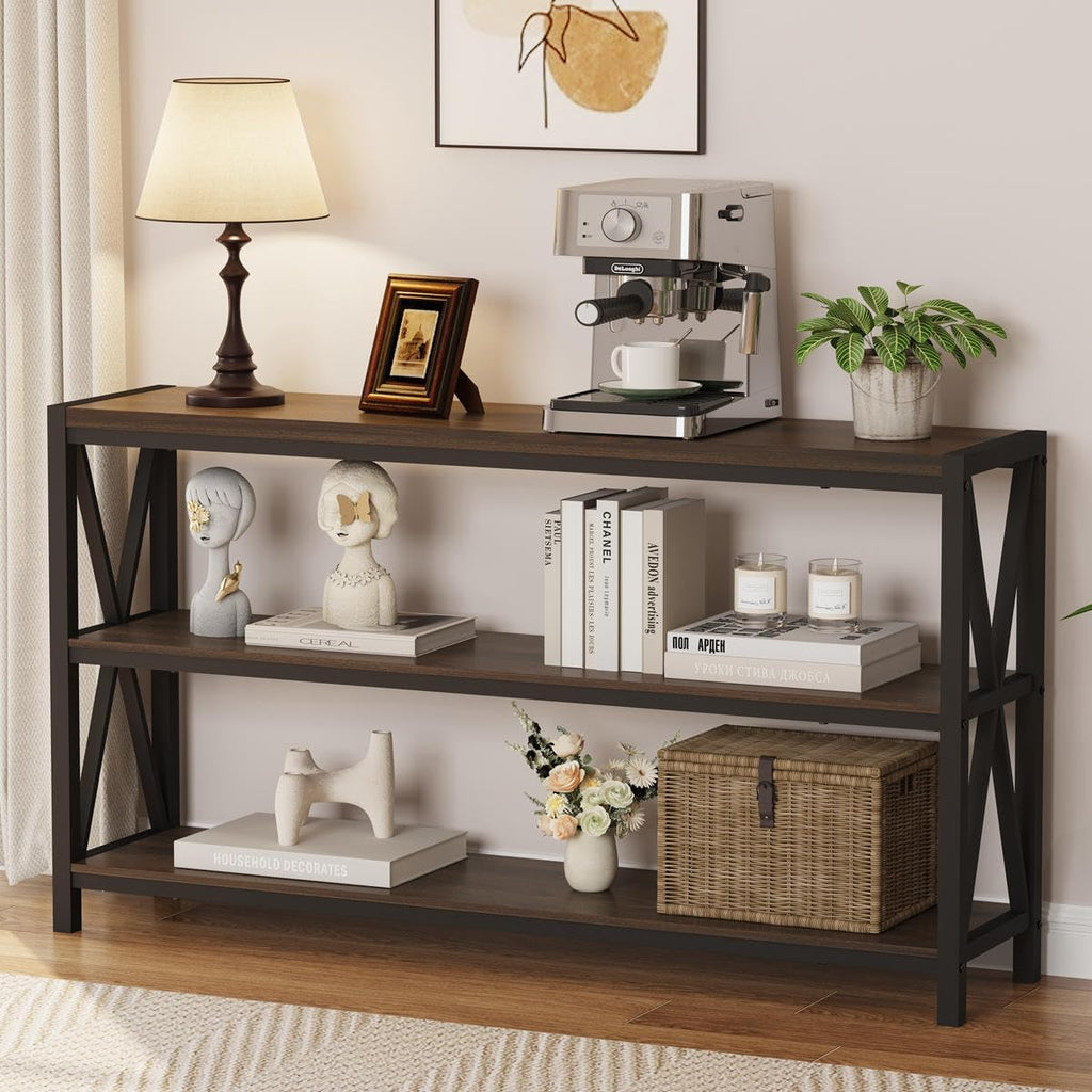 FATORRI Console Table for Entryway, Modern Entry Hallway Table with 3 Tier Shelves, Couch Tables Behind Sofa for Living Room, 55 Inch, Dark Walnut