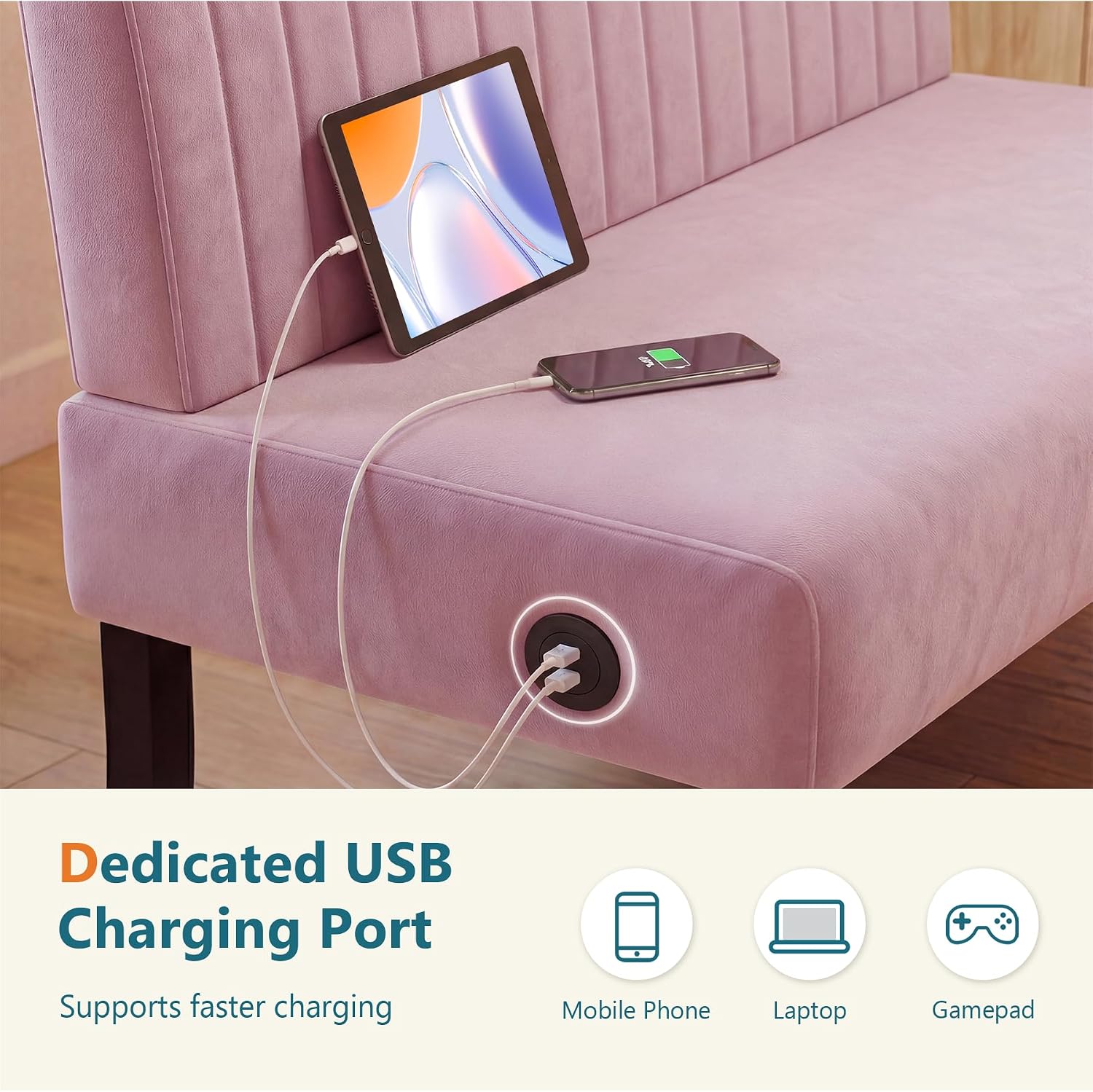 STHOUYN Mini Small Comfy Couch Armless Loveseat Sofa for Bedroom with USB Port, Velvet Couches for Small Spaces Living Room, Apartment Office Dorm (Pink)