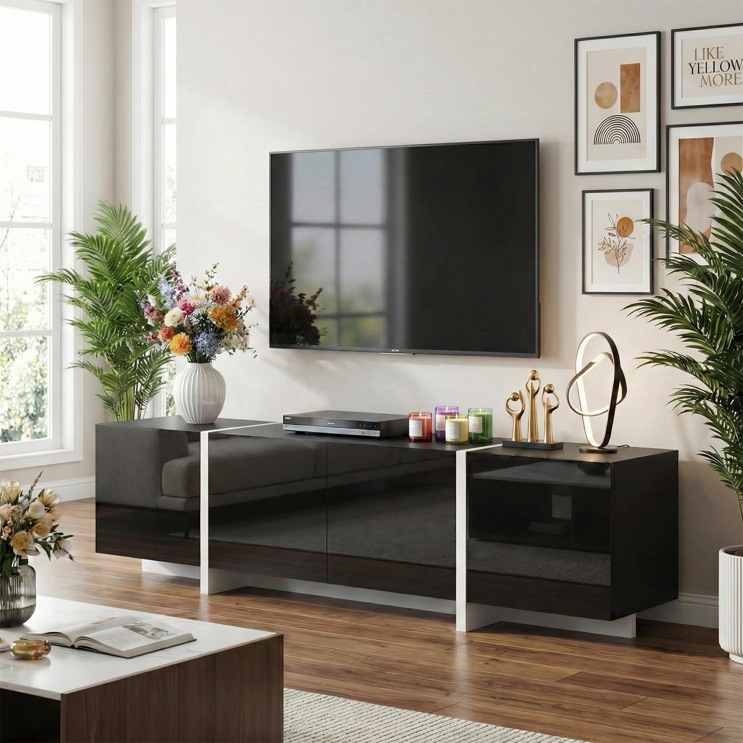 holzart 67' Modern Black TV Stand up to 70 Inch TV, Media Console with High Gloss Doors & Scratch-Resistant Matte Top, Entertainment Center with Cable Management & Storage Cabinet for Living Room