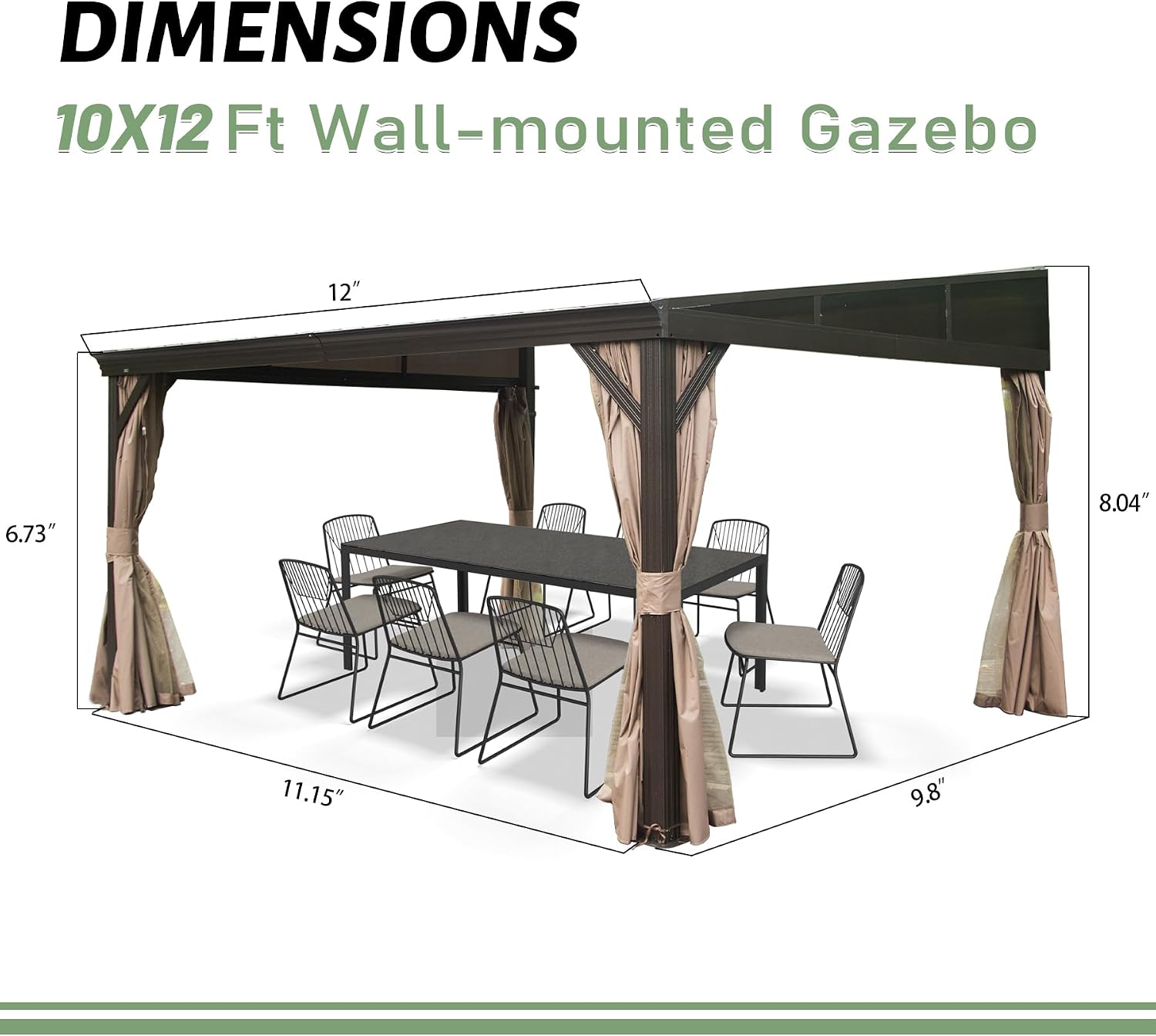 Domi 10x12FT Lean to Gazebo, Aluminum Wall Mounted Gazebo with Sloping Galvanized Steel Roof, Curtains and Netting, Outdoor Hardtop Gazebo Pergola for Patio, Deck, Garden, Backyard