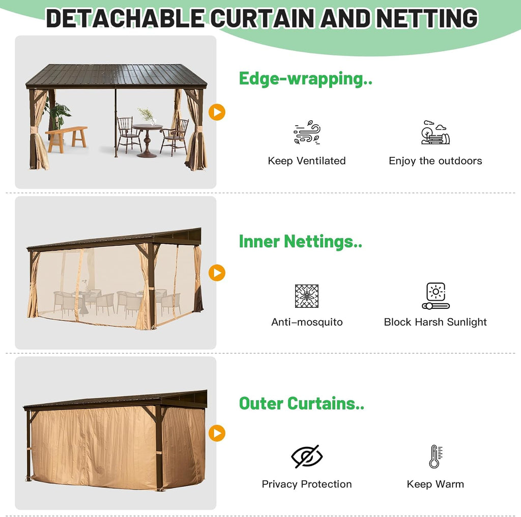 Domi 10x14FT Lean to Gazebo, Aluminum Wall Mounted Gazebo with Sloping Galvanized Steel Roof, Curtains and Netting, Outdoor Hardtop Shelter Pergola for Patio, Deck, Garden, Backyard