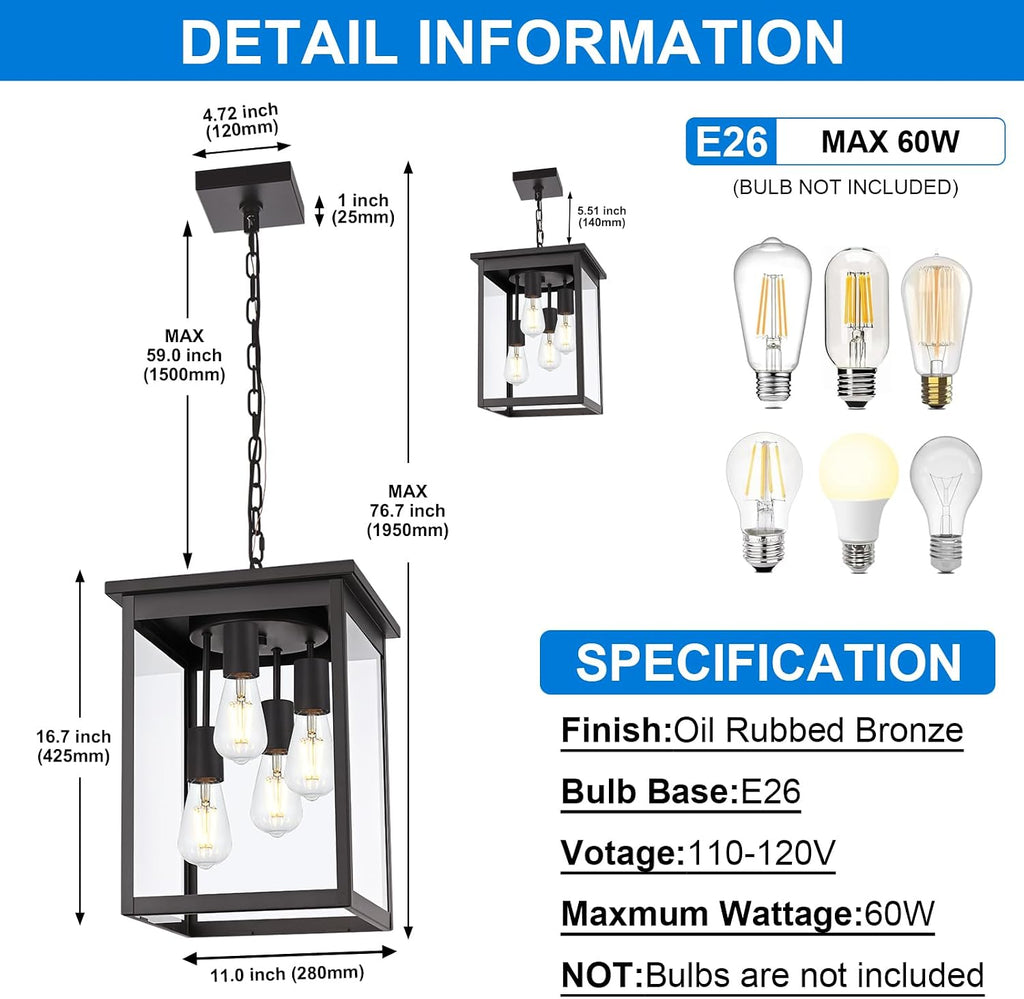 4-Light Large Outdoor Pendant Light Fixtures Oil Rubbed Bronze, Adjustable Height Outdoor Ceiling Light, Exterior Hanging Light Fixture for Patio Yard Front, E26 Base Hanging Porch Light