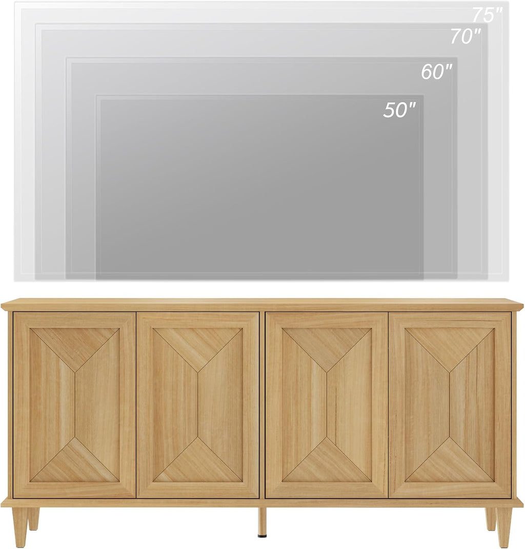 WAMPAT 65' Modern Farmhouse TV Stand with Handcrafted Patchwork Doors for 55-75' TVs, Entertainment Center Console with Cable Management, Adjustable Shelves Storage for Living Room, Natural Oak