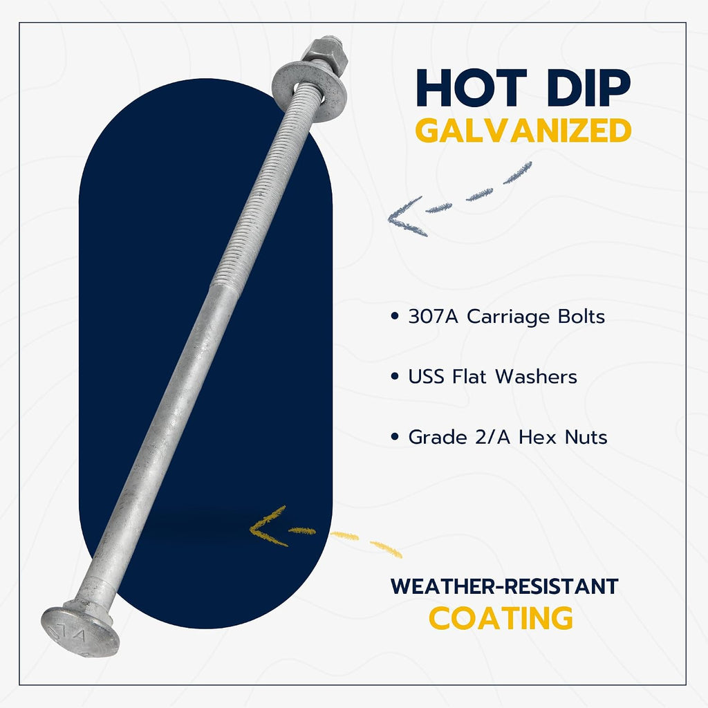1/2' x 16' (25 Pack) Galvanized Carriage Bolt Kit Grade 307A Includes 1/2' USS Flat Washers (25 pcs) and 1/2'-13 Hex Nuts (25 pcs), Hot Dip Galvanized for Exterior Use by Makers Bolt
